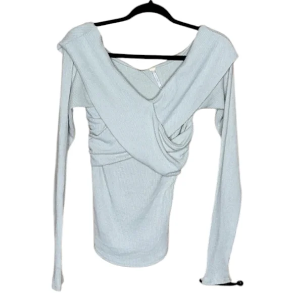 Free People Marley Off-Shoulder Neutral Oatmeal soft ribbed Wrapped Sweater sz S - Picture 4 of 11